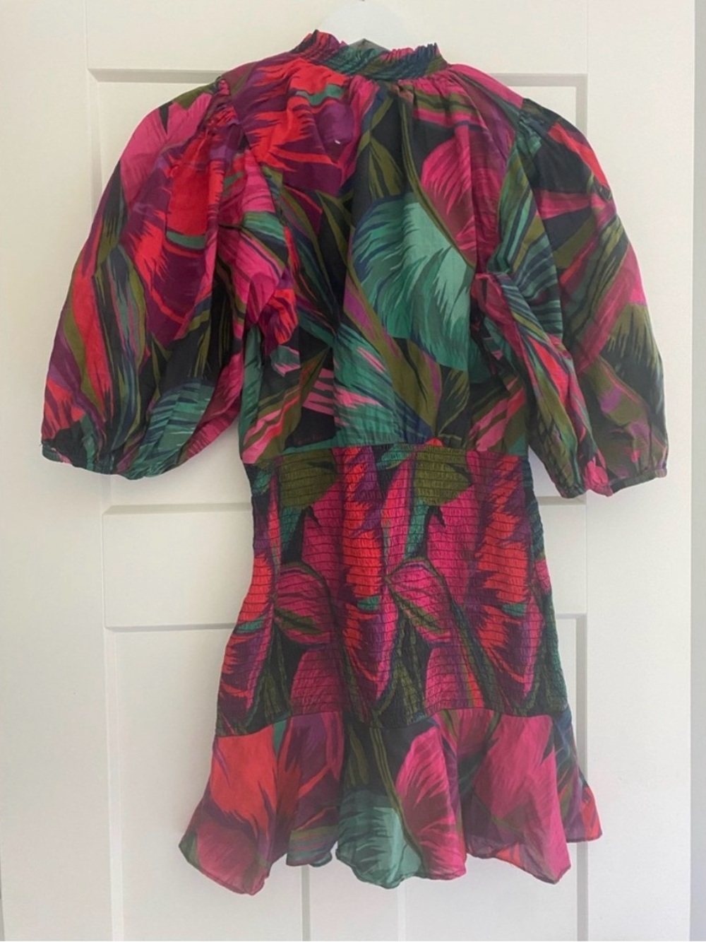 Anthropologie Farm Rio Floral Puff-Sleeve Mini Dress in Fuchsia and Green - Picture 3 of 3